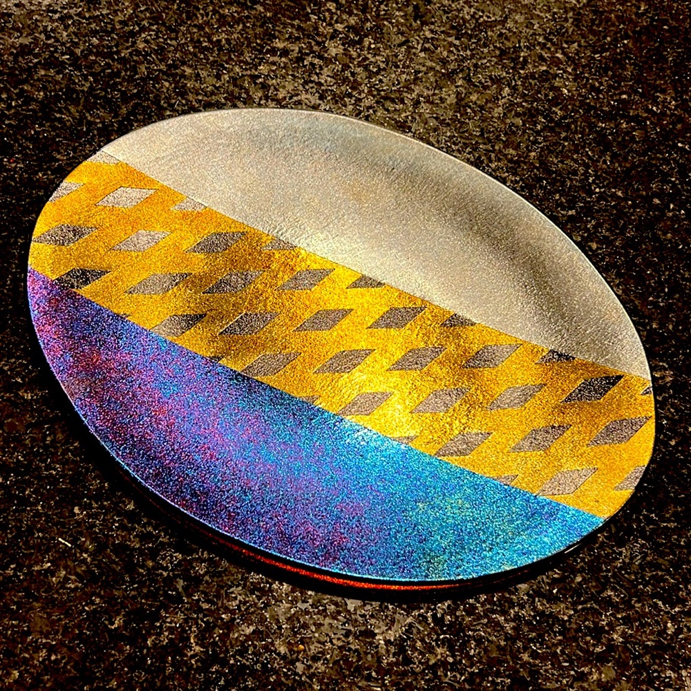 Kurt McVay - iridescent/diamond art glass, oval dish/dichrortic fused - signed.